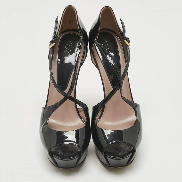 Pre Owned Gucci Black Patent Leather Platform Crisscross Strap Pumps Size 39