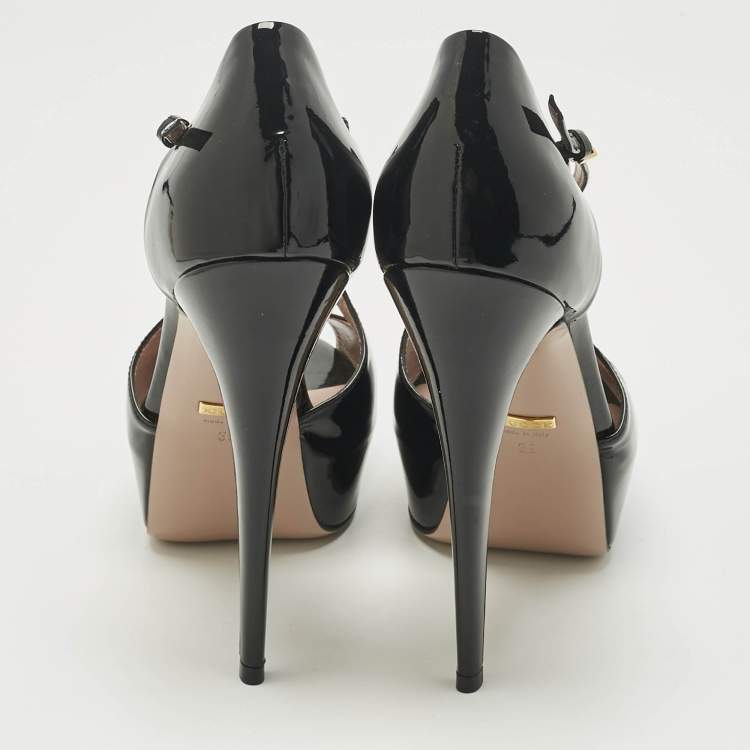 Pre Owned Gucci Black Patent Leather Platform Crisscross Strap Pumps Size 39