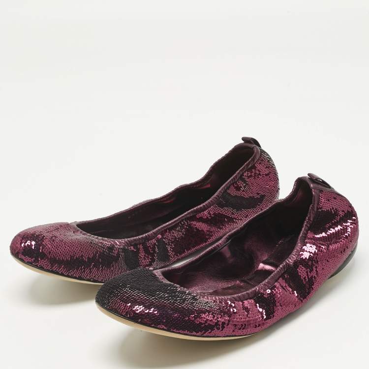 Pre Owned Gucci Purple Leather and Sequins Embellish Scrunch Ballet Flats Size 39.5