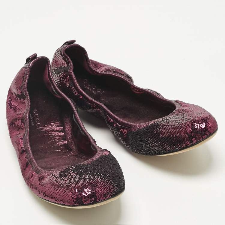 Pre Owned Gucci Purple Leather and Sequins Embellish Scrunch Ballet Flats Size 39.5
