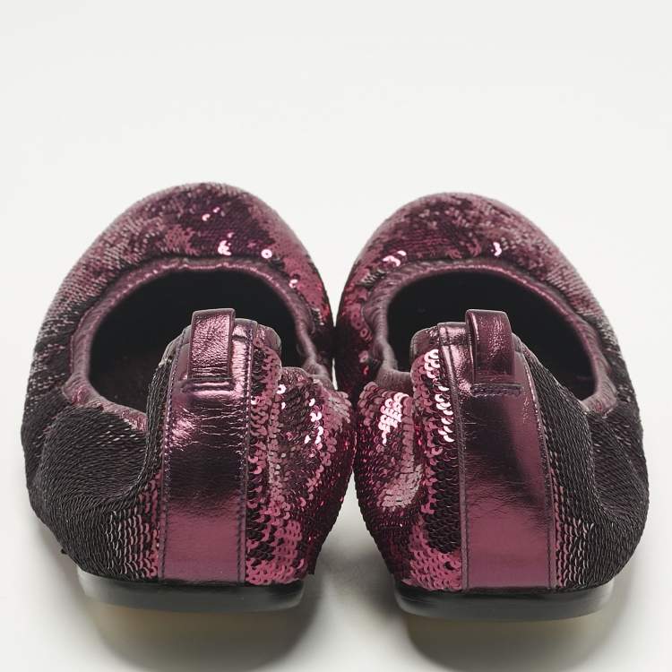 Pre Owned Gucci Purple Leather and Sequins Embellish Scrunch Ballet Flats Size 39.5