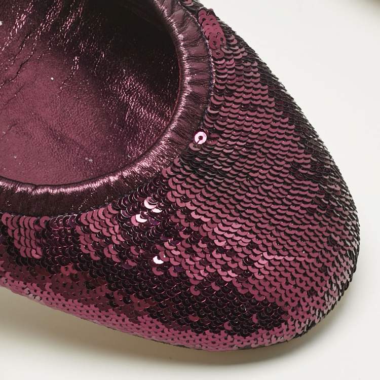 Pre Owned Gucci Purple Leather and Sequins Embellish Scrunch Ballet Flats Size 39.5