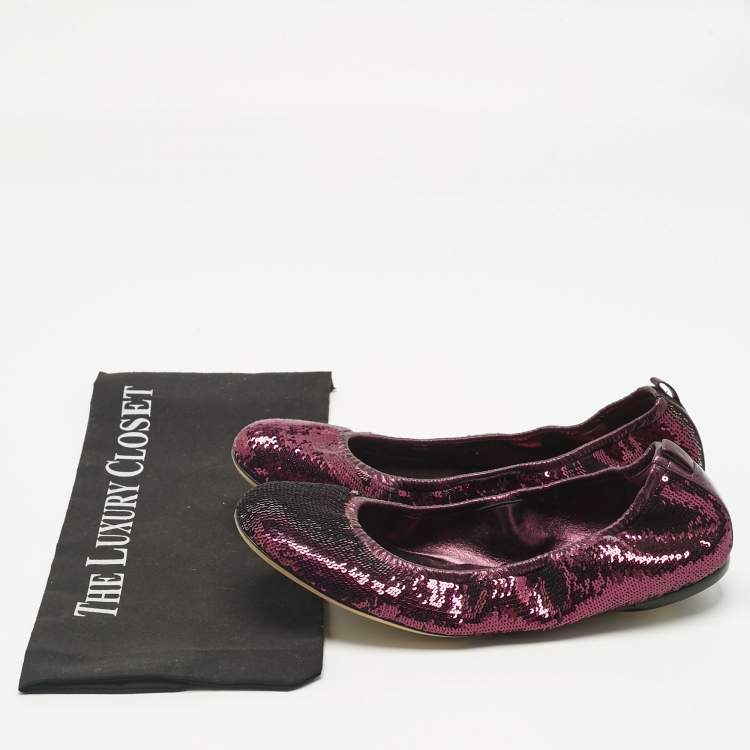 Pre Owned Gucci Purple Leather and Sequins Embellish Scrunch Ballet Flats Size 39.5