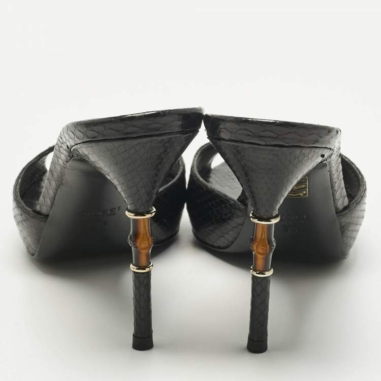 Pre Owned Gucci Black Python Bamboo Heel Slide Sandals Size 38