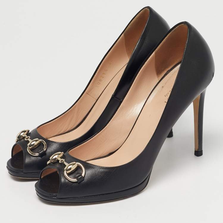 Pre Owned Gucci Black Leather Jolene Peep Toe Pumps Size 36