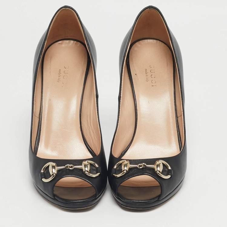 Pre Owned Gucci Black Leather Jolene Peep Toe Pumps Size 36