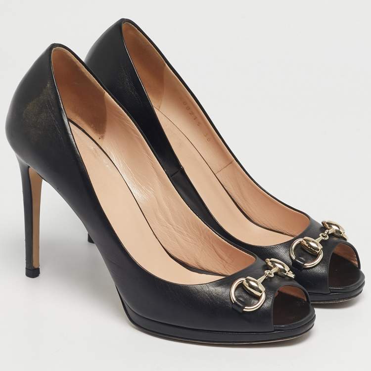 Pre Owned Gucci Black Leather Jolene Peep Toe Pumps Size 36