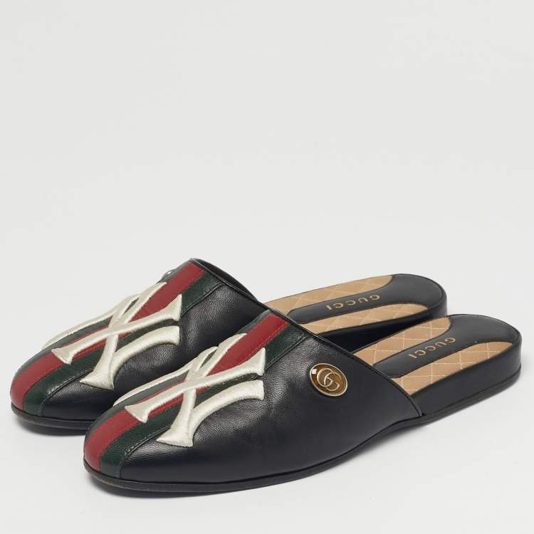 Pre Owned Gucci Black Leather NY Yankees Mules Size 36