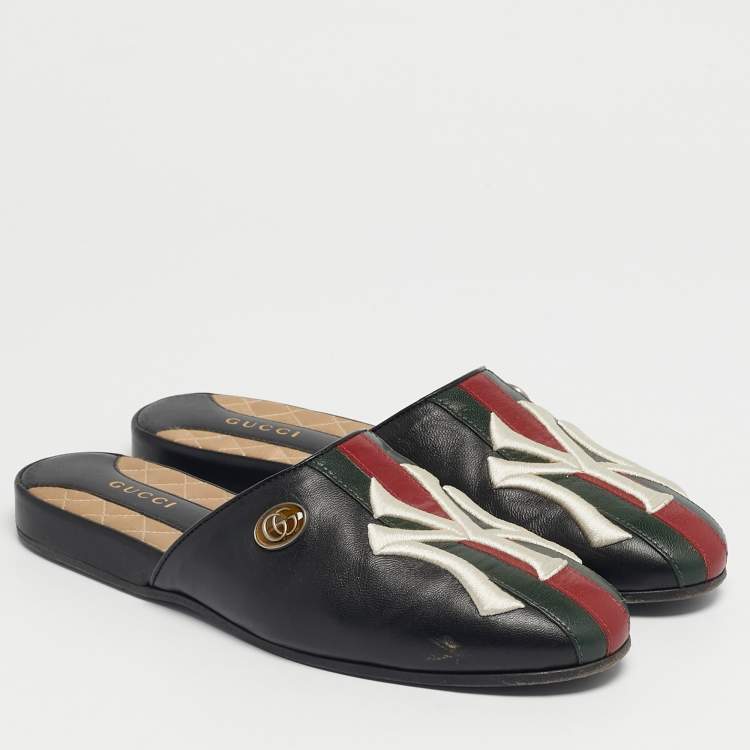 Pre Owned Gucci Black Leather NY Yankees Mules Size 36