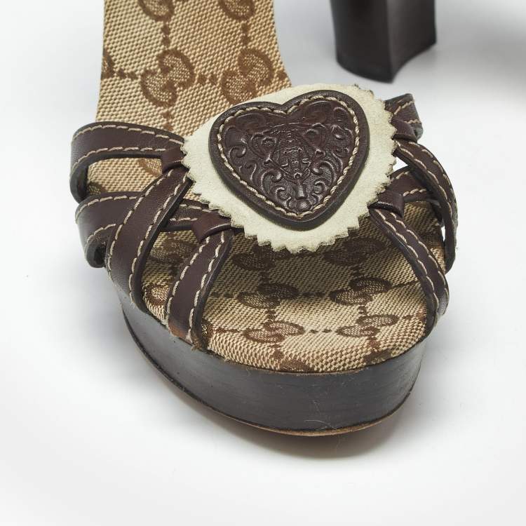 Pre Owned Gucci Brown GG Canvas and Leather Hysteria Ankle Strap Platform Sandals Size 38.5