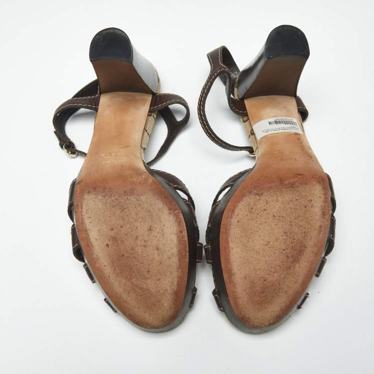 Pre Owned Gucci Brown GG Canvas and Leather Hysteria Ankle Strap Platform Sandals Size 38.5