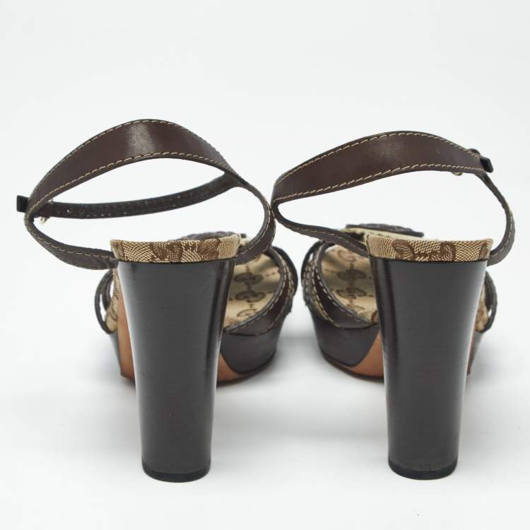 Pre Owned Gucci Brown GG Canvas and Leather Hysteria Ankle Strap Platform Sandals Size 38.5