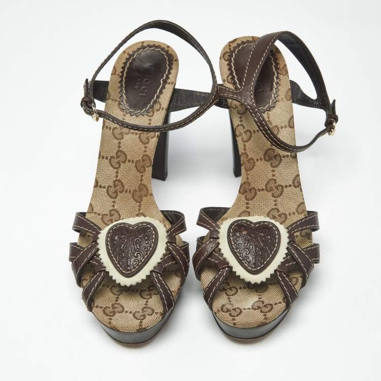 Pre Owned Gucci Brown GG Canvas and Leather Hysteria Ankle Strap Platform Sandals Size 38.5