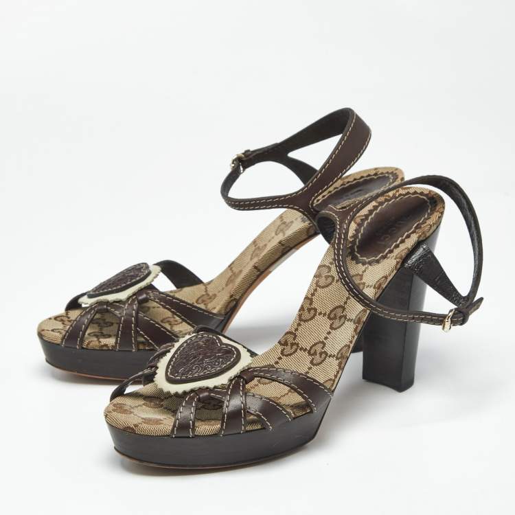 Pre Owned Gucci Brown GG Canvas and Leather Hysteria Ankle Strap Platform Sandals Size 38.5
