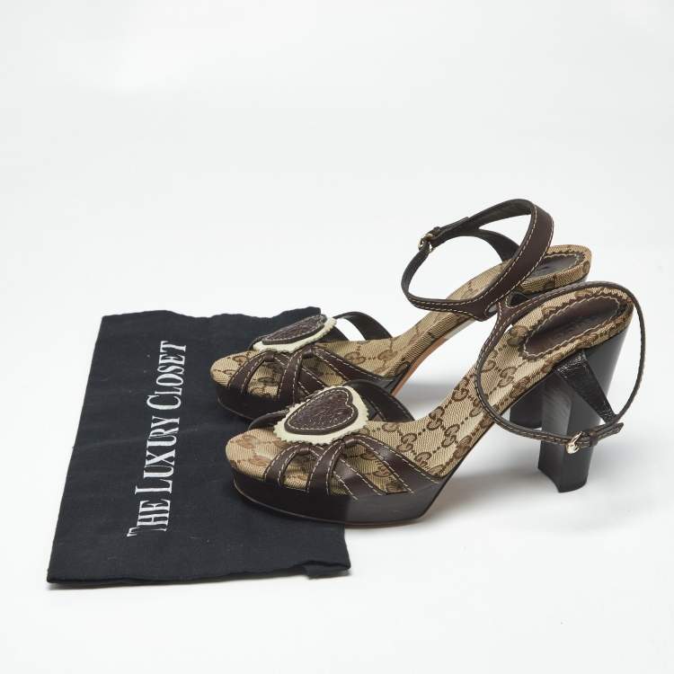 Pre Owned Gucci Brown GG Canvas and Leather Hysteria Ankle Strap Platform Sandals Size 38.5