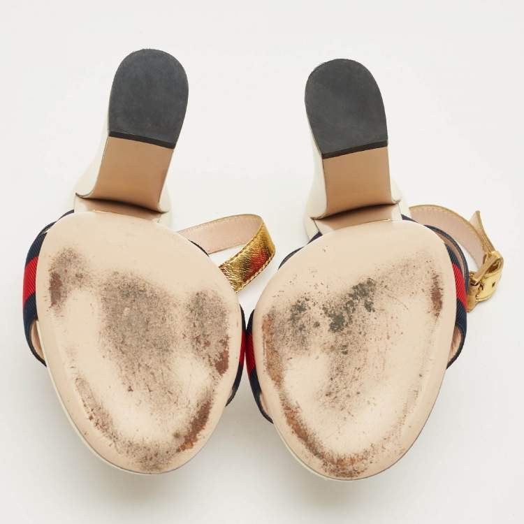 Pre Owned Gucci Multicolor Leather and Canvas Web Slingback Sandals Size 38.5