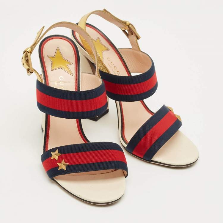 Pre Owned Gucci Multicolor Leather and Canvas Web Slingback Sandals Size 38.5