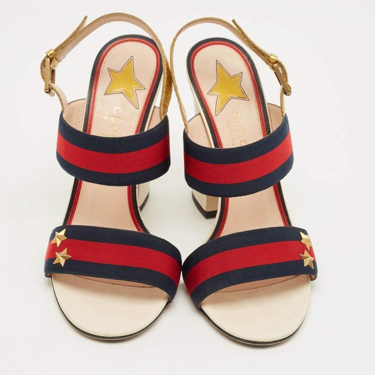 Pre Owned Gucci Multicolor Leather and Canvas Web Slingback Sandals Size 38.5