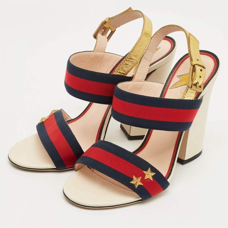 Pre Owned Gucci Multicolor Leather and Canvas Web Slingback Sandals Size 38.5