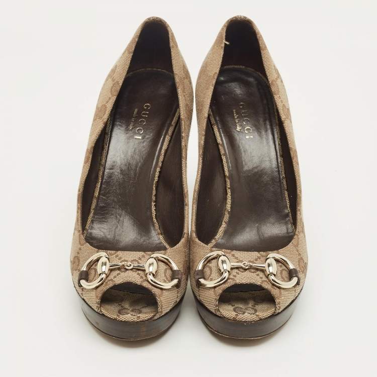 Pre Owned Gucci Beige/Brown GG Canvas and Leather Horsebit Platform Pumps Size 35.5