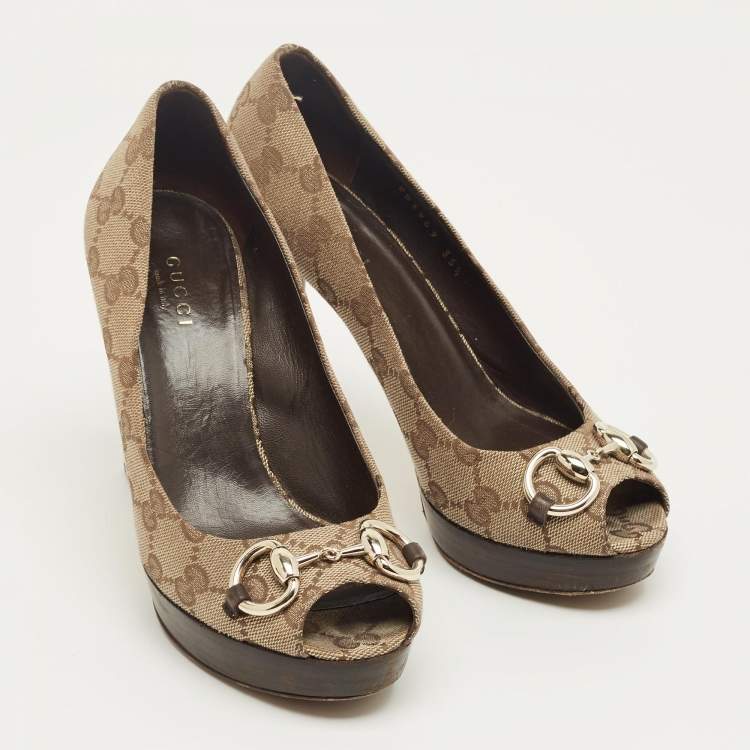 Pre Owned Gucci Beige/Brown GG Canvas and Leather Horsebit Platform Pumps Size 35.5