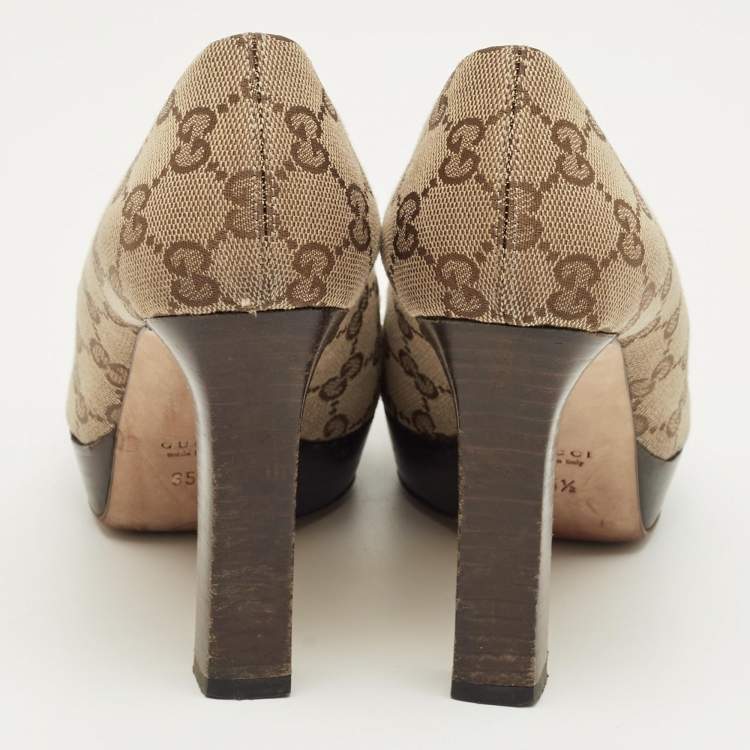 Pre Owned Gucci Beige/Brown GG Canvas and Leather Horsebit Platform Pumps Size 35.5