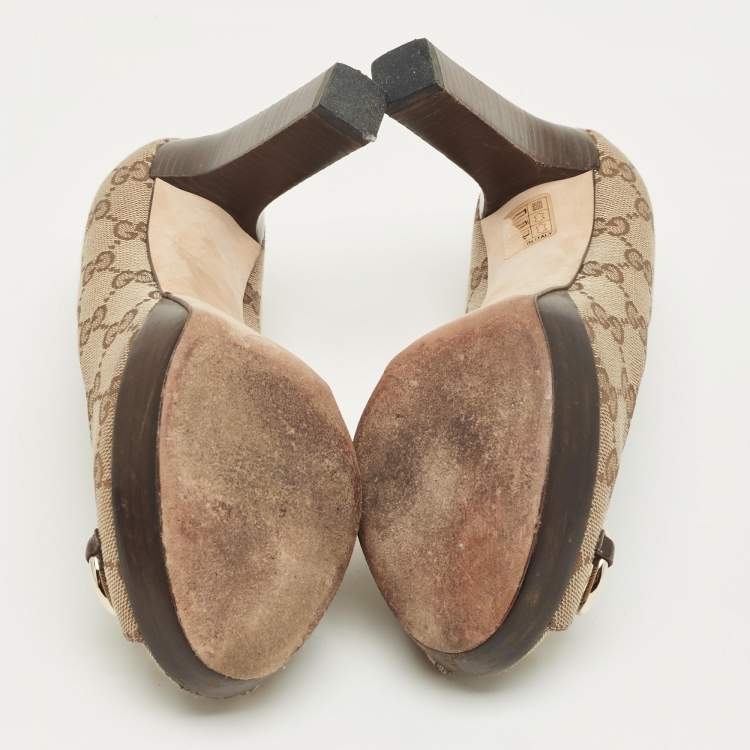 Pre Owned Gucci Beige/Brown GG Canvas and Leather Horsebit Platform Pumps Size 35.5