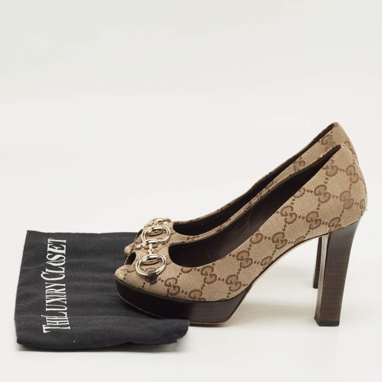 Pre Owned Gucci Beige/Brown GG Canvas and Leather Horsebit Platform Pumps Size 35.5