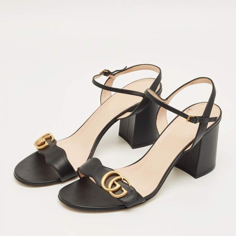 Pre Owned Gucci Black Leather GG Marmont Block Heel Ankle Strap Sandals Size 41