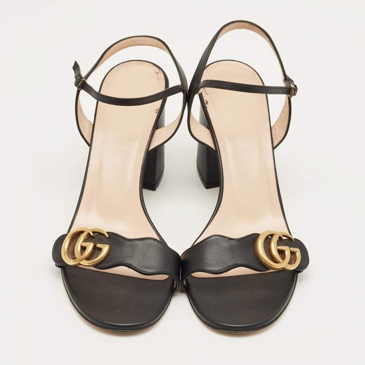 Pre Owned Gucci Black Leather GG Marmont Block Heel Ankle Strap Sandals Size 41