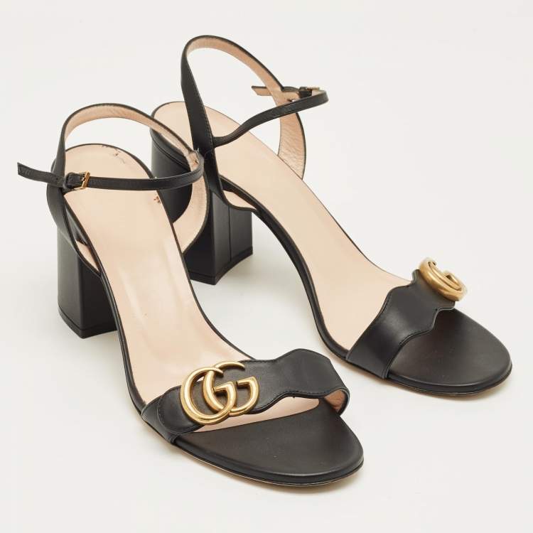 Pre Owned Gucci Black Leather GG Marmont Block Heel Ankle Strap Sandals Size 41