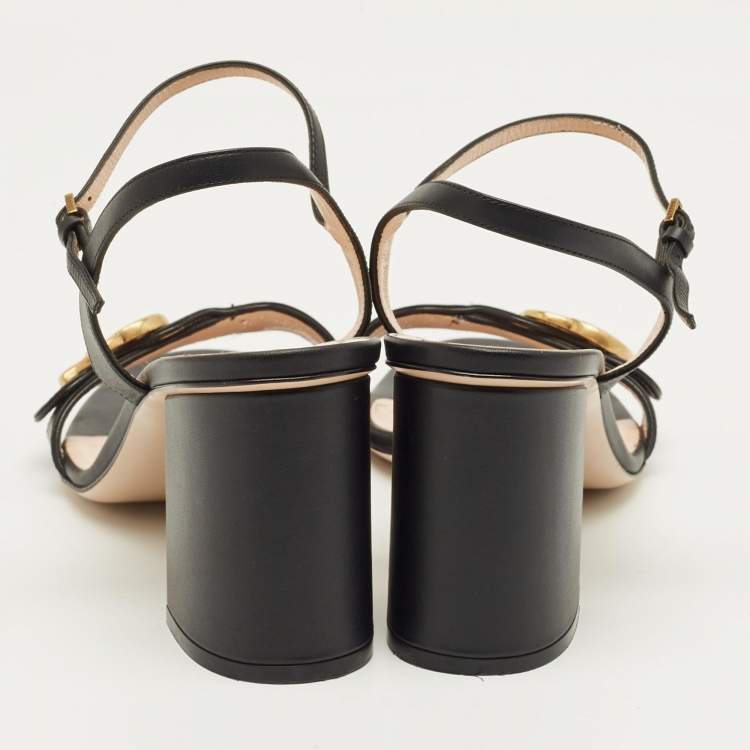Pre Owned Gucci Black Leather GG Marmont Block Heel Ankle Strap Sandals Size 41