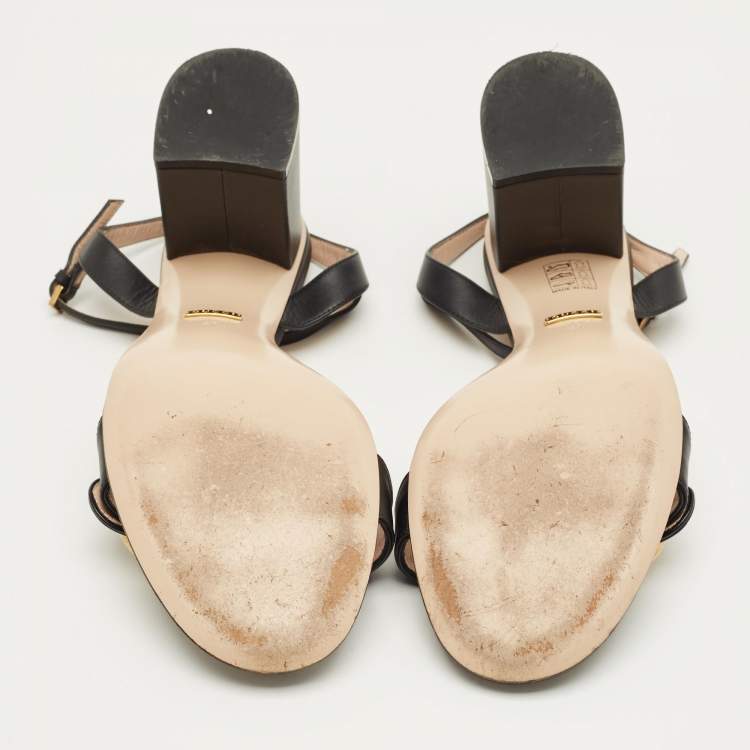 Pre Owned Gucci Black Leather GG Marmont Block Heel Ankle Strap Sandals Size 41