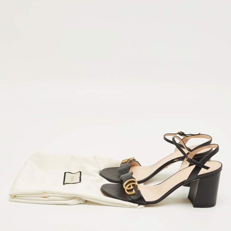 Pre Owned Gucci Black Leather GG Marmont Block Heel Ankle Strap Sandals Size 41