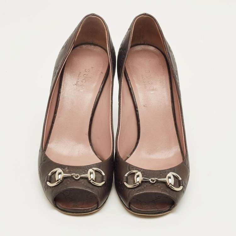 Pre Owned Gucci Brown Monogram Leather Jolene Horsebit Pumps Size 35