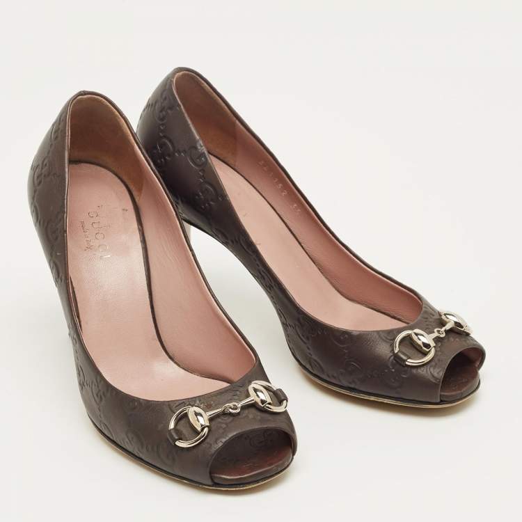 Pre Owned Gucci Brown Monogram Leather Jolene Horsebit Pumps Size 35