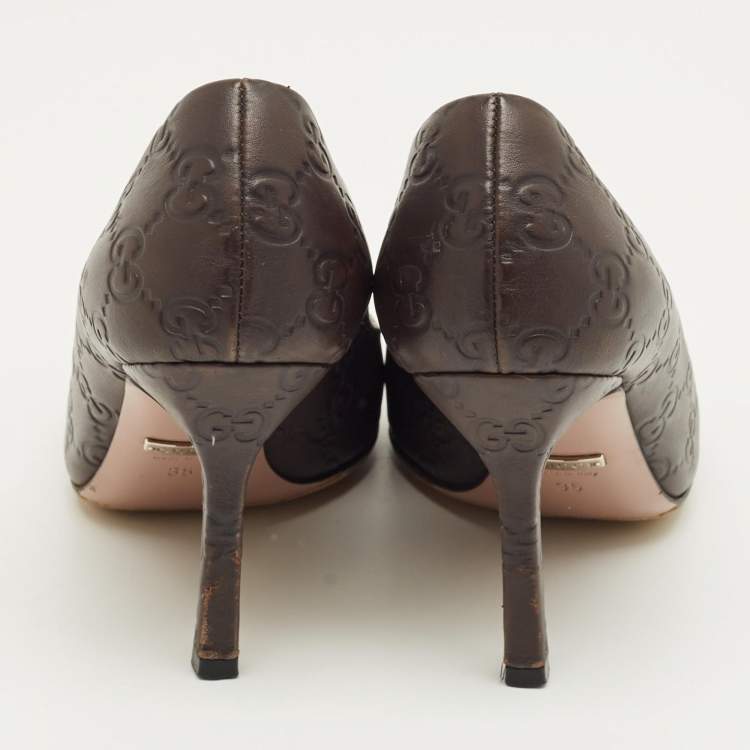 Pre Owned Gucci Brown Monogram Leather Jolene Horsebit Pumps Size 35