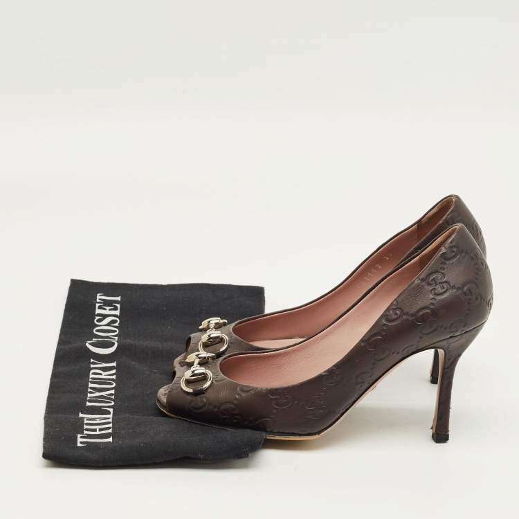 Pre Owned Gucci Brown Monogram Leather Jolene Horsebit Pumps Size 35