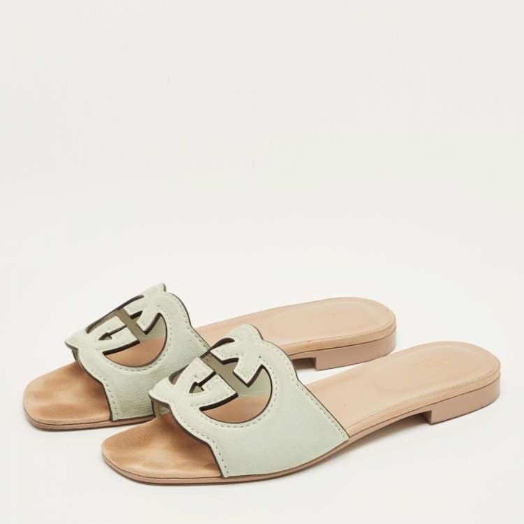 Pre Owned Gucci Pale Green Suede Interlocking G Flat Slides Size 37