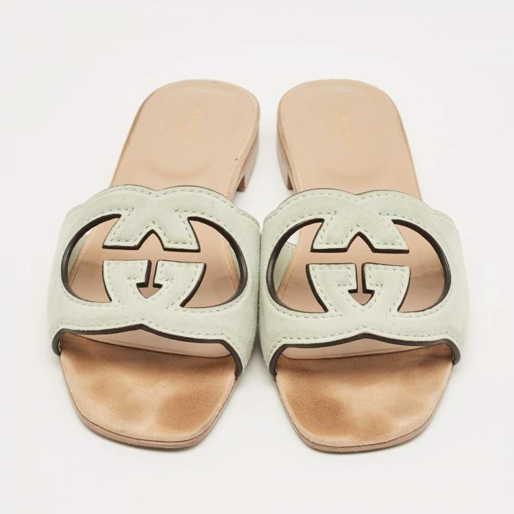 Pre Owned Gucci Pale Green Suede Interlocking G Flat Slides Size 37