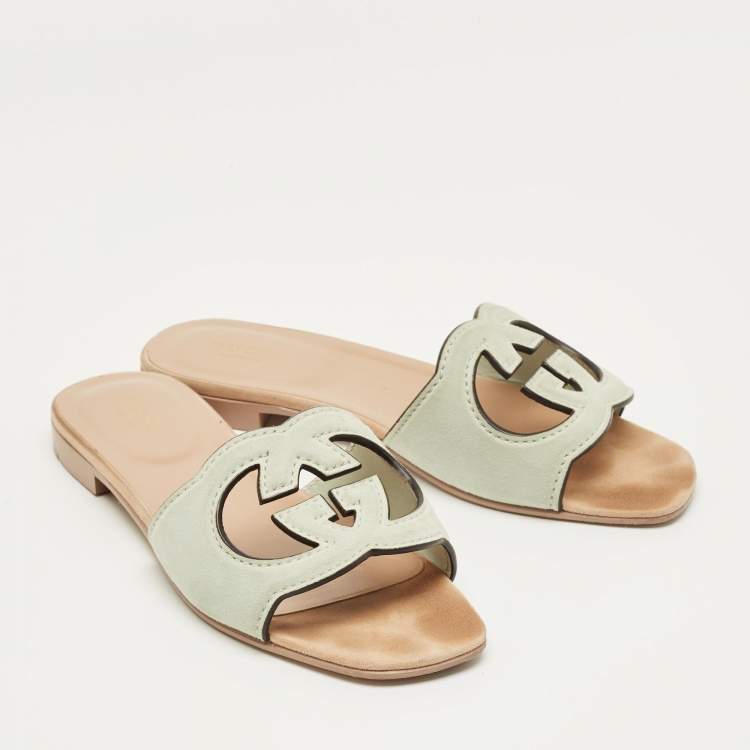 Pre Owned Gucci Pale Green Suede Interlocking G Flat Slides Size 37