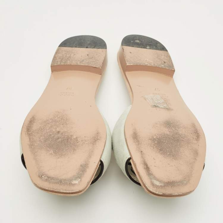 Pre Owned Gucci Pale Green Suede Interlocking G Flat Slides Size 37