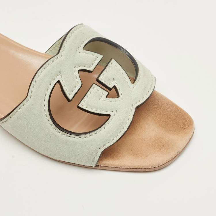 Pre Owned Gucci Pale Green Suede Interlocking G Flat Slides Size 37