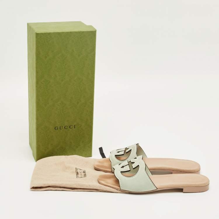 Pre Owned Gucci Pale Green Suede Interlocking G Flat Slides Size 37