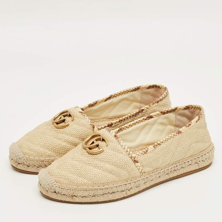 Pre Owned Gucci Beige Python and Raffia GG Marmont Espadrille Flats Size 38.5