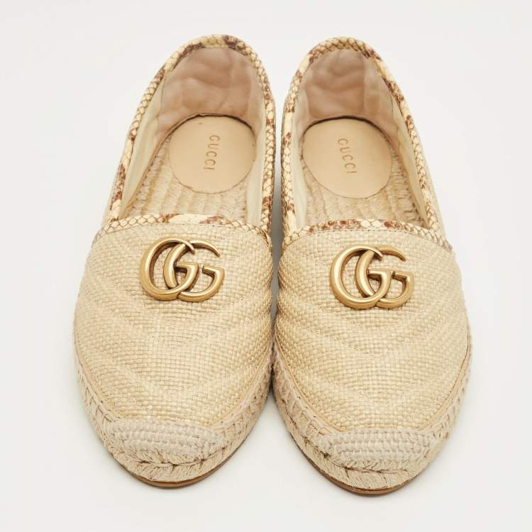 Pre Owned Gucci Beige Python and Raffia GG Marmont Espadrille Flats Size 38.5