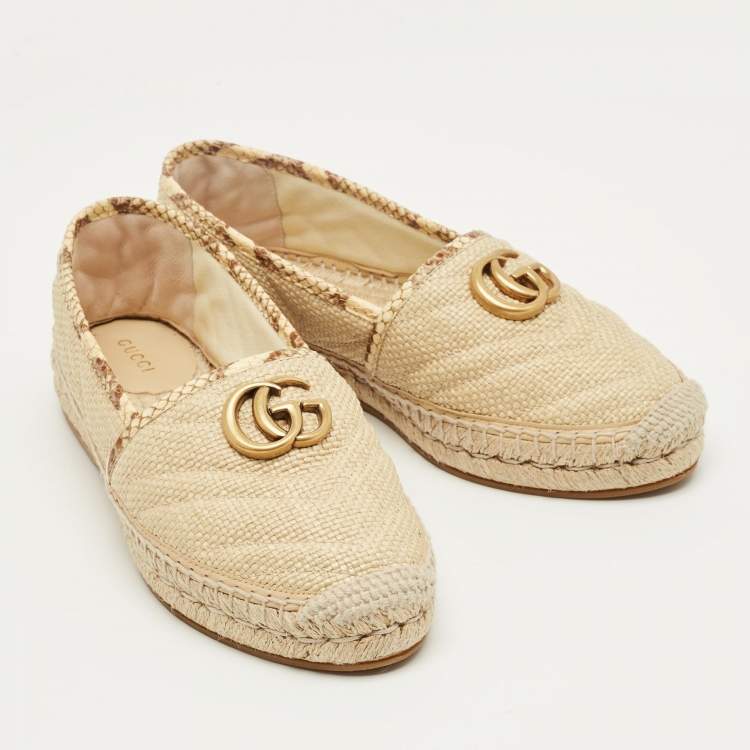 Pre Owned Gucci Beige Python and Raffia GG Marmont Espadrille Flats Size 38.5