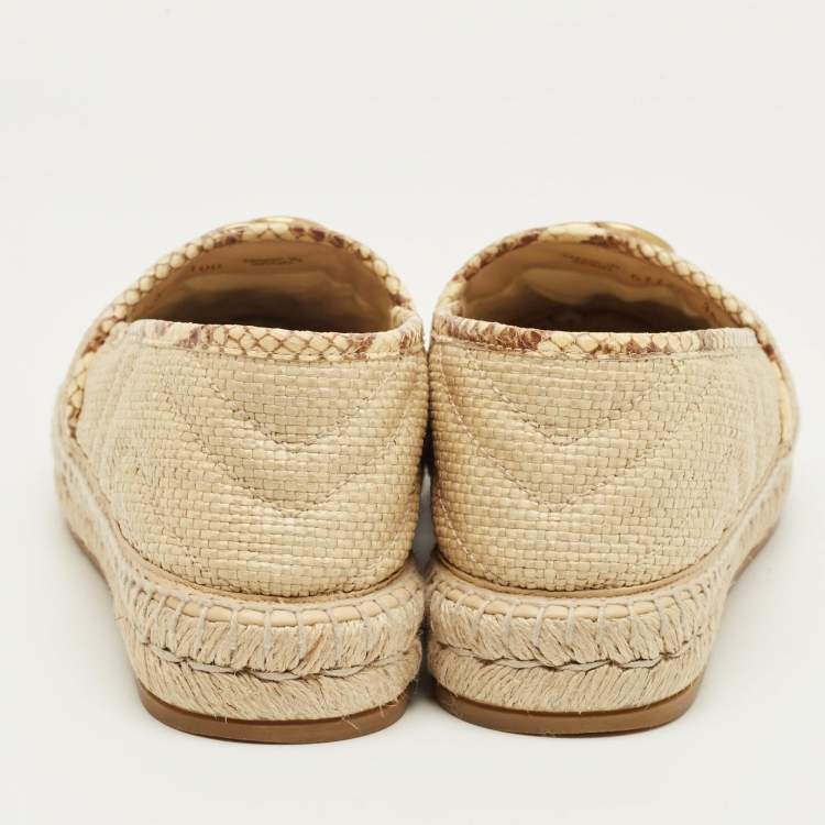 Pre Owned Gucci Beige Python and Raffia GG Marmont Espadrille Flats Size 38.5