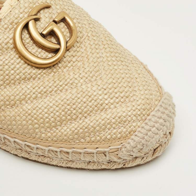 Pre Owned Gucci Beige Python and Raffia GG Marmont Espadrille Flats Size 38.5