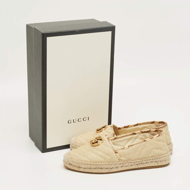 Pre Owned Gucci Beige Python and Raffia GG Marmont Espadrille Flats Size 38.5
